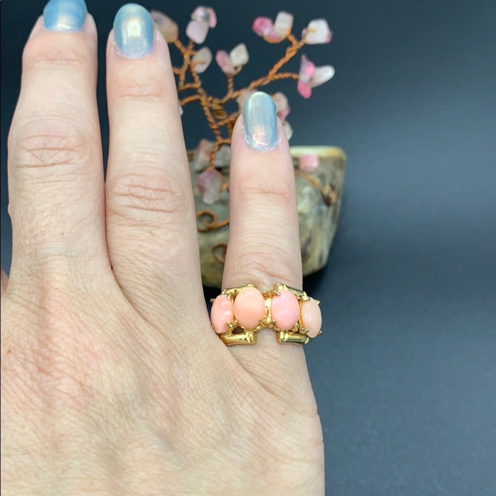 Sz6 gold plated pink coral bamboo ring.